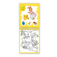 TROTSCH Easter calendar features colorful illustration of two rabbits, one with a basket, on a bright yellow background.