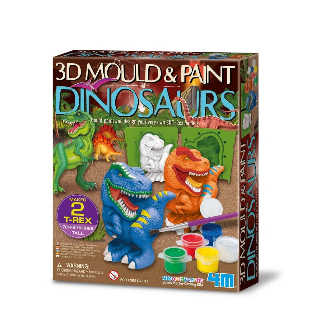 4M 3D Mould & Paint Dinosaurs kit in cardboard packaging with colorful printed text and a clear plastic window.