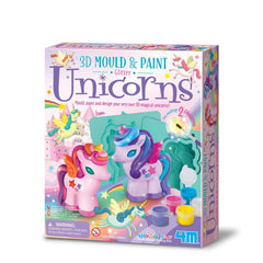 4M 3D Mould & Paint Glitter Unicorns arts and crafts kit in colorful glossy packaging with transparent window and age warning