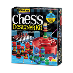 4M KidzLabs Gamemaker Chess Designer Kit packaging features a black background, a matte cardboard board, and glossy plastic c