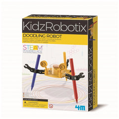 M - KidzRobotix Doodling Robot packaging features a glossy window, vibrant yellow background, and various black and colorful