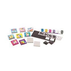 4M Unicorns Mini Tile Arts featuring colorful square tiles and a glossy black tray on a light surface.