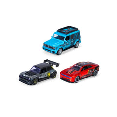 Dickie Auto Pullback Racer features a glossy black body with a blue matte roof and black wheels with silver rims.