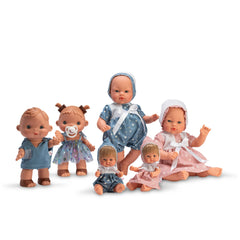 Group of ASI Dolls from Bonboncin Collection in colorful outfits, including blue and pink dresses, ideal for imaginative play.