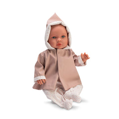 ASI Dolls Leo wearing a pink raincoat and floral pajamas, sitting with an arm raised, featuring expressive eyes.