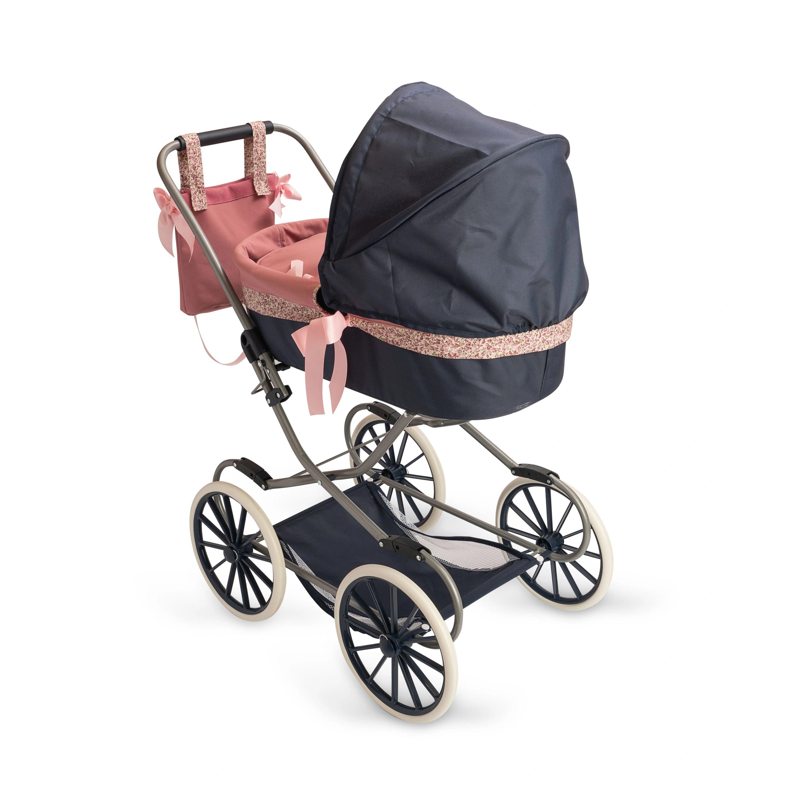 Luxurious doll stroller with navy hood, pink interior, floral trim, and elegant design, perfect for imaginative play.