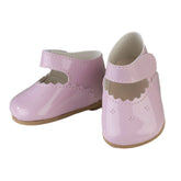 Shiny pink doll shoes with scalloped edges and Velcro straps, designed for 43 to 46 cm ASI dolls.