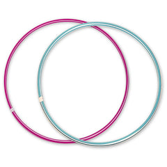 Colorful Androni Hula Hoops, one pink and one blue, overlapping each other, designed for fitness and fun activities.