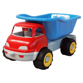 Red and blue Androni pickup truck toy with yellow wheels and a tilting cargo bed, designed for imaginative play.