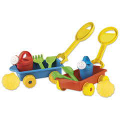 Colorful sand play trolleys with shovels, rakes, watering cans, sieves, and yellow marine molds.