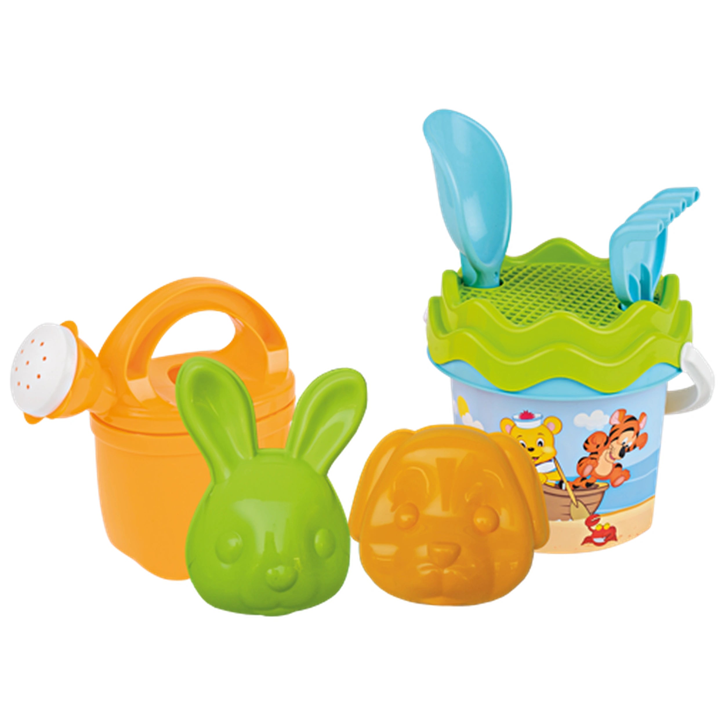 Orange watering can, green bunny mold, orange dog mold, and a blue bucket with Poppy & Friends design, sieve, blue shovel, and rake.