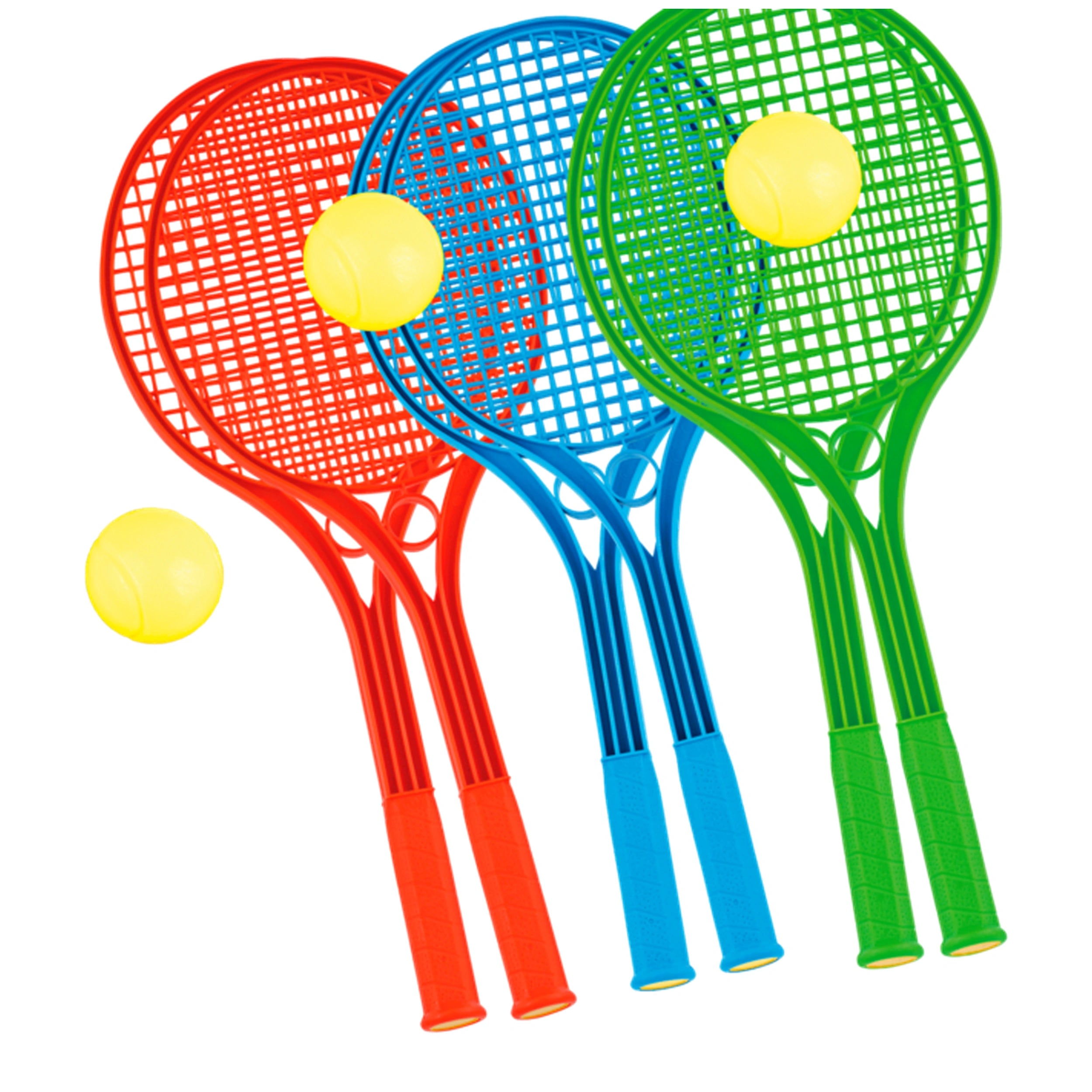 Three colorful Androni tennis rackets in red, blue, and green with yellow sponge balls.