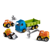 Colorful toy work vehicles including a blue and green truck, orange excavator, yellow bulldozer, and orange tractor.