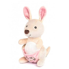 Soft beige kangaroo plush with pink ears and pouch, sitting upright. Features embroidered details and a friendly expression.