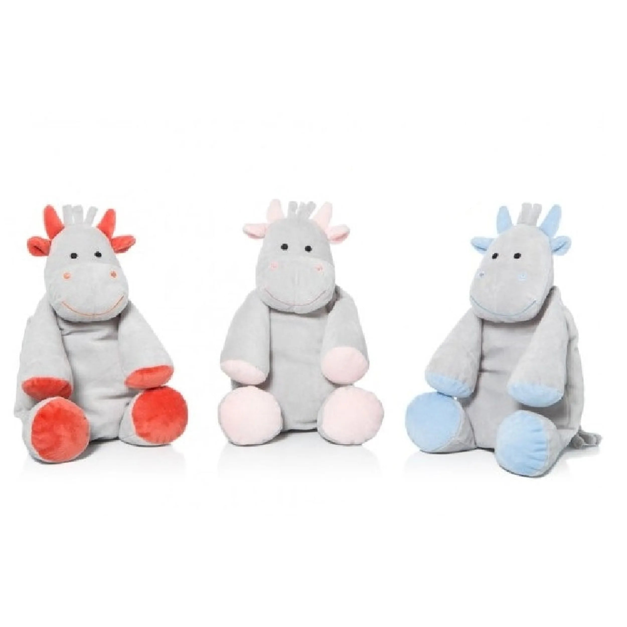 Three Artesavi cow plush toys in gray with red, pink, and blue accents, sitting in a row.