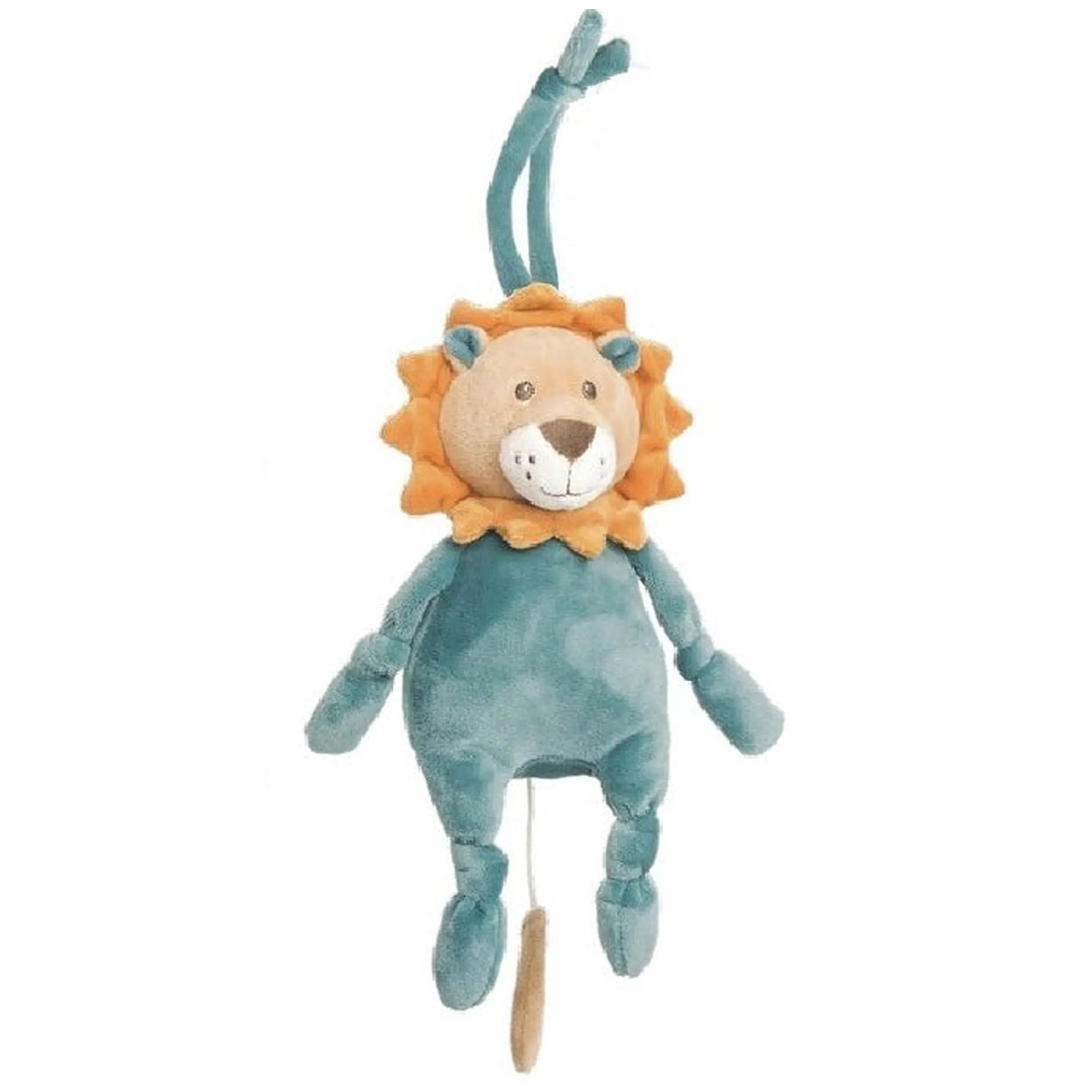 Lion plush carillon with orange mane and teal body, featuring a pull string tail for soothing melodies.