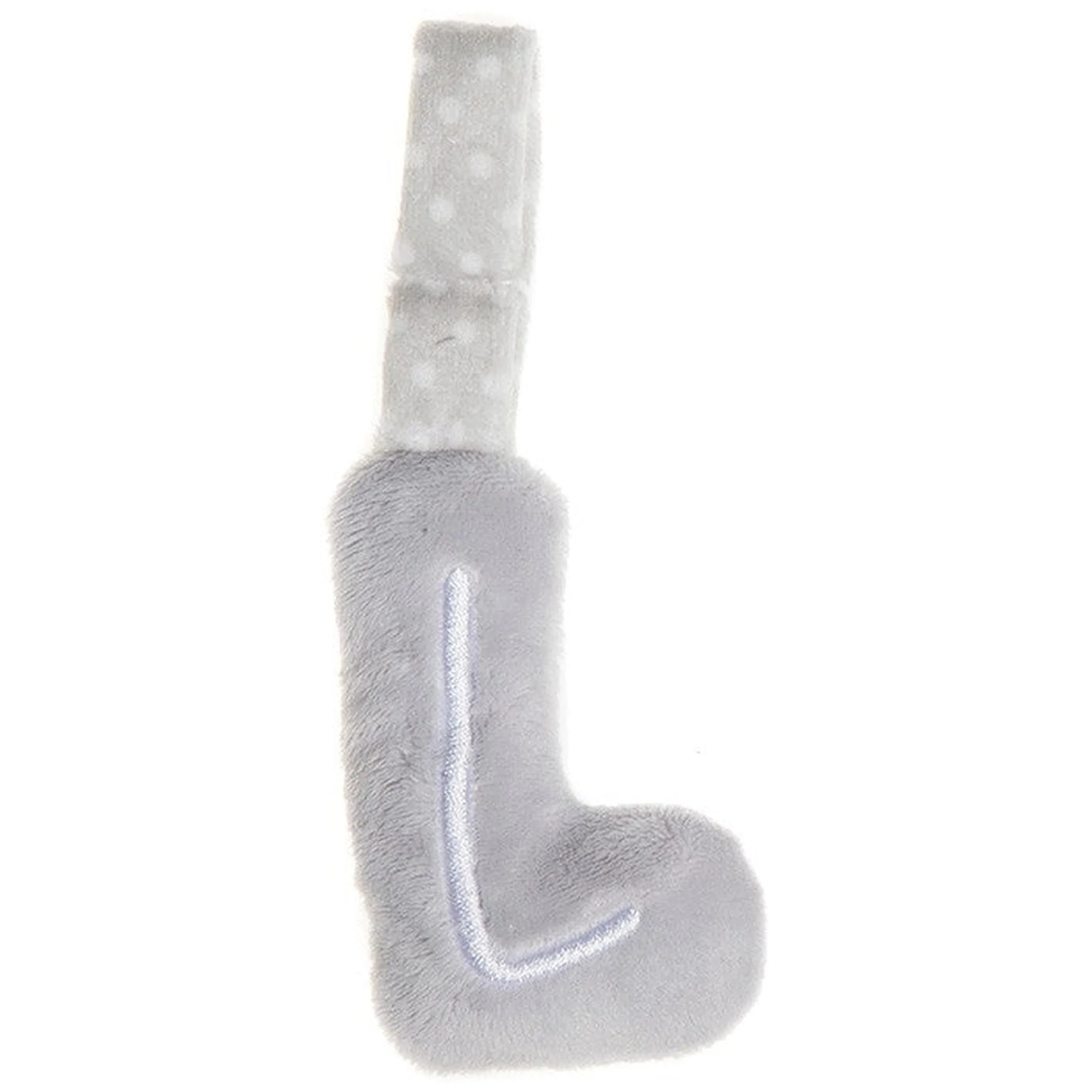 Soft grey plush letter "L" with a polka-dotted fabric loop for hanging.