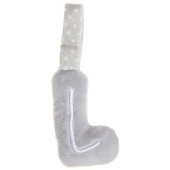 Soft grey plush letter "L" with a polka-dotted fabric loop for hanging.