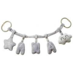 Plush grey letter "N" and "A" with star and cloud charms on a soft hanging strip.