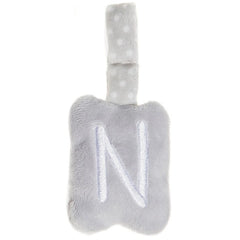 Ultra-soft grey plush letter "N" with white polka dot strap, perfect for baby activities and personalized decor.