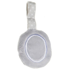 Grey plush letter O with a polka dot loop, soft and ideal for baby activities.