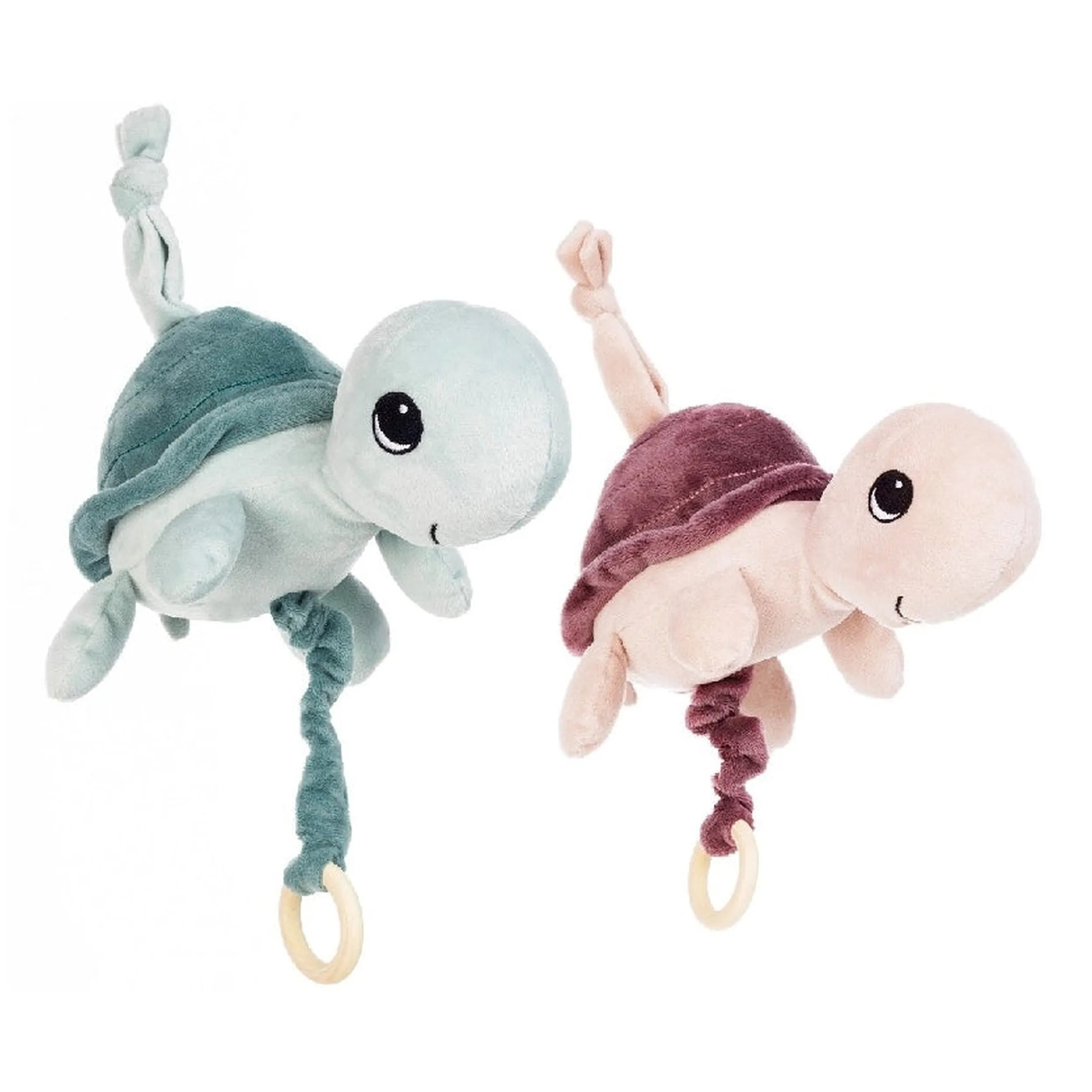 Two turtle plush carillons in pastel green and pink, each with friendly faces and pull rings for soothing melodies.