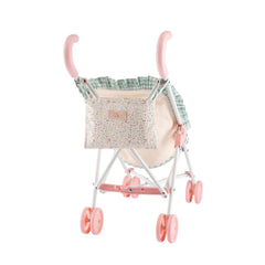Pink Asi Dolls stroller with floral bag, white frame, and green plaid trim, designed for dolls 30-40 cm.