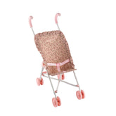 White metal doll stroller with pink wheels and ruffled floral fabric seat, designed for Asi Dolls, 62 cm handlebar height.