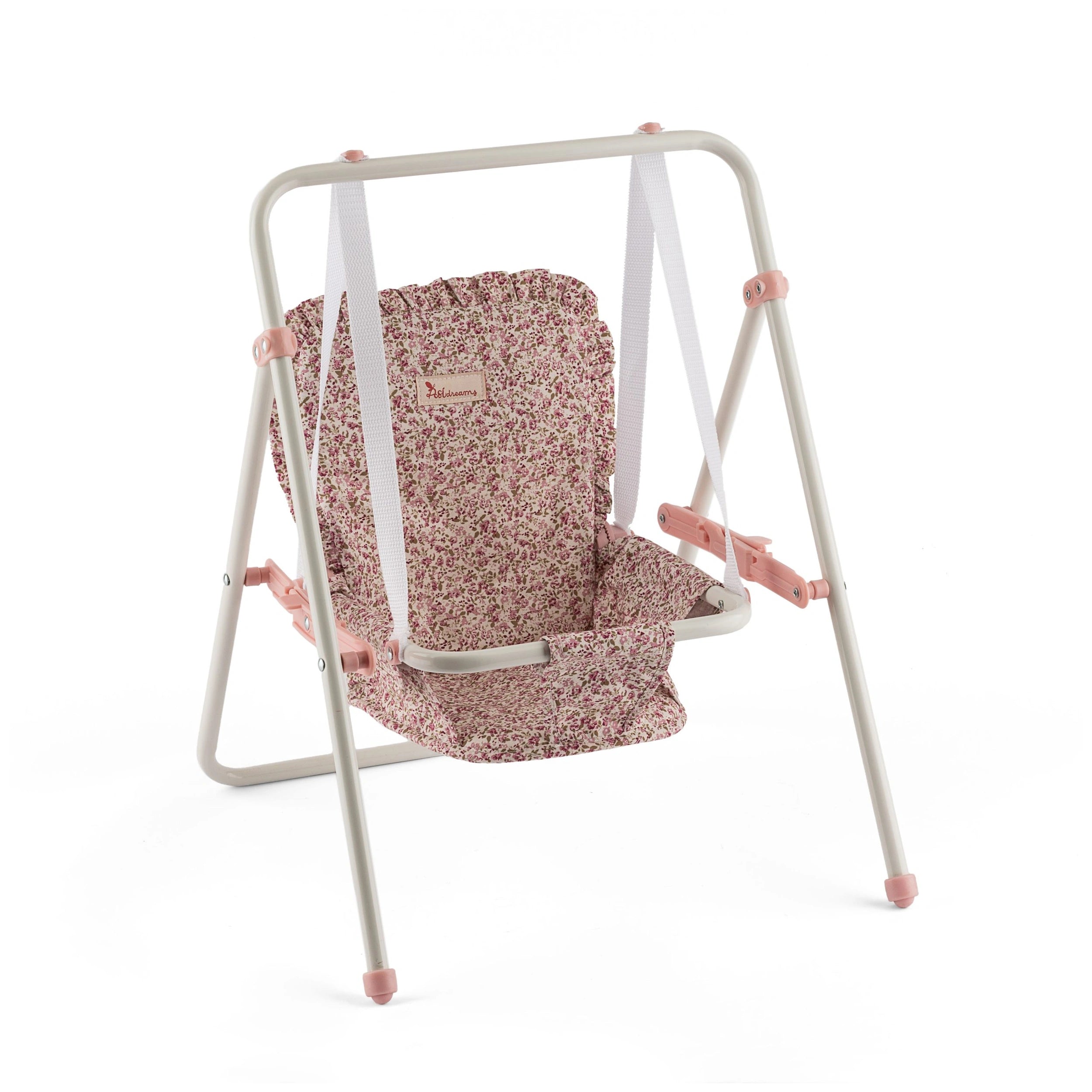 Floral-patterned swing for 36 to 46 cm dolls, with pink and white frame, designed for safe, imaginative play.