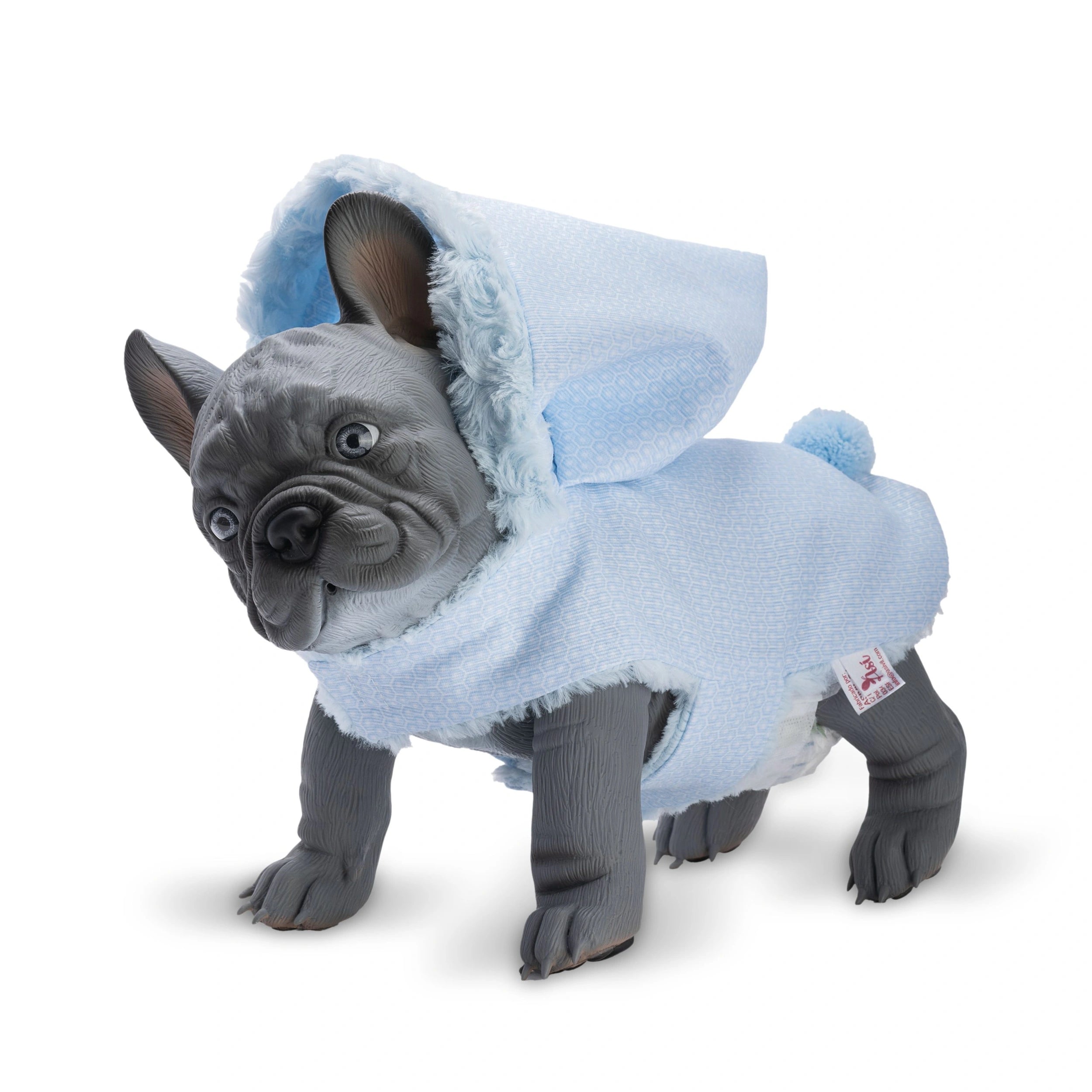 Grey bulldog doll wearing a blue fur coat with hood, featuring lifelike details and charming expression.