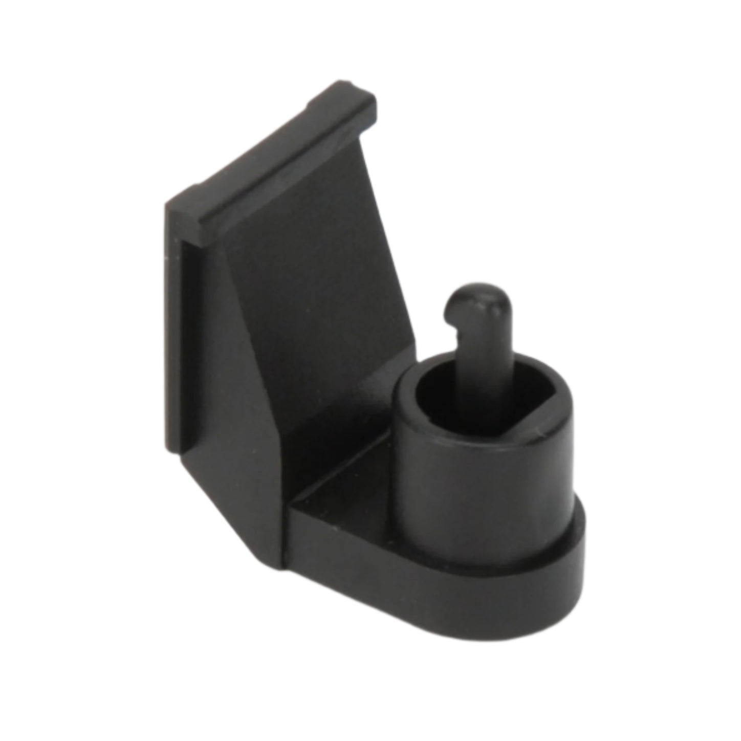 Black plastic drawbar coupling for Bruder toy vehicles, featuring a hook attachment on a flat base.