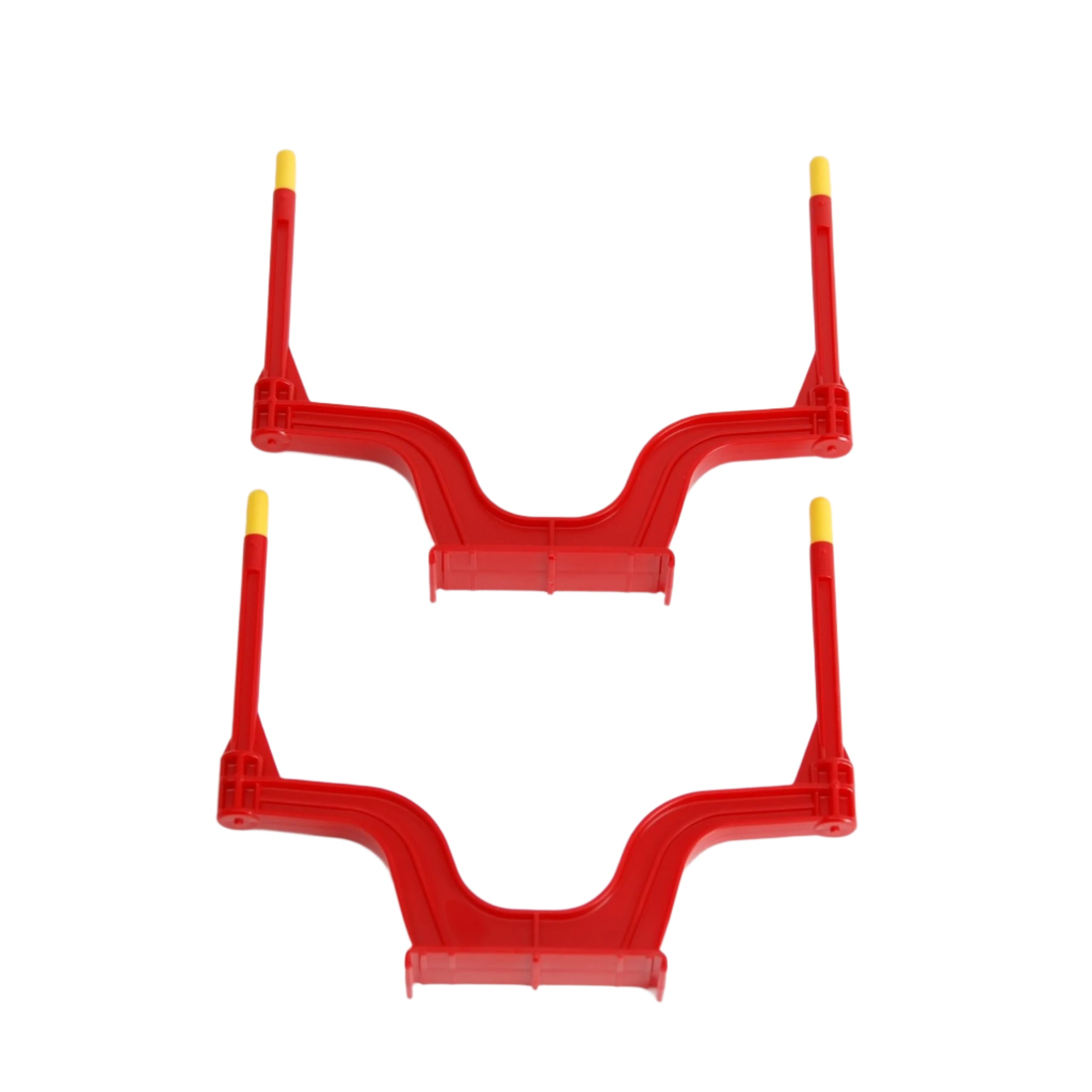 Two red plastic stakes for Bruder forestry trailer, with yellow tips, positioned parallel on a white background.