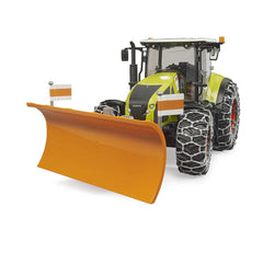 Green and black toy Claas Axion 950 tractor with snow chains and an orange plough blade.