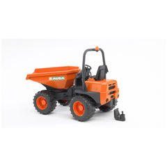 Orange Bruder AUSA Mini Dumper toy with articulated steering and rotating tipping trough, on white background.