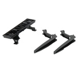 Black carrier plate with two detachable pallet forks for toy vehicles.