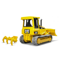 Yellow Bruder CAT track-type tractor toy with detachable ripper and movable blade, designed for imaginative play.