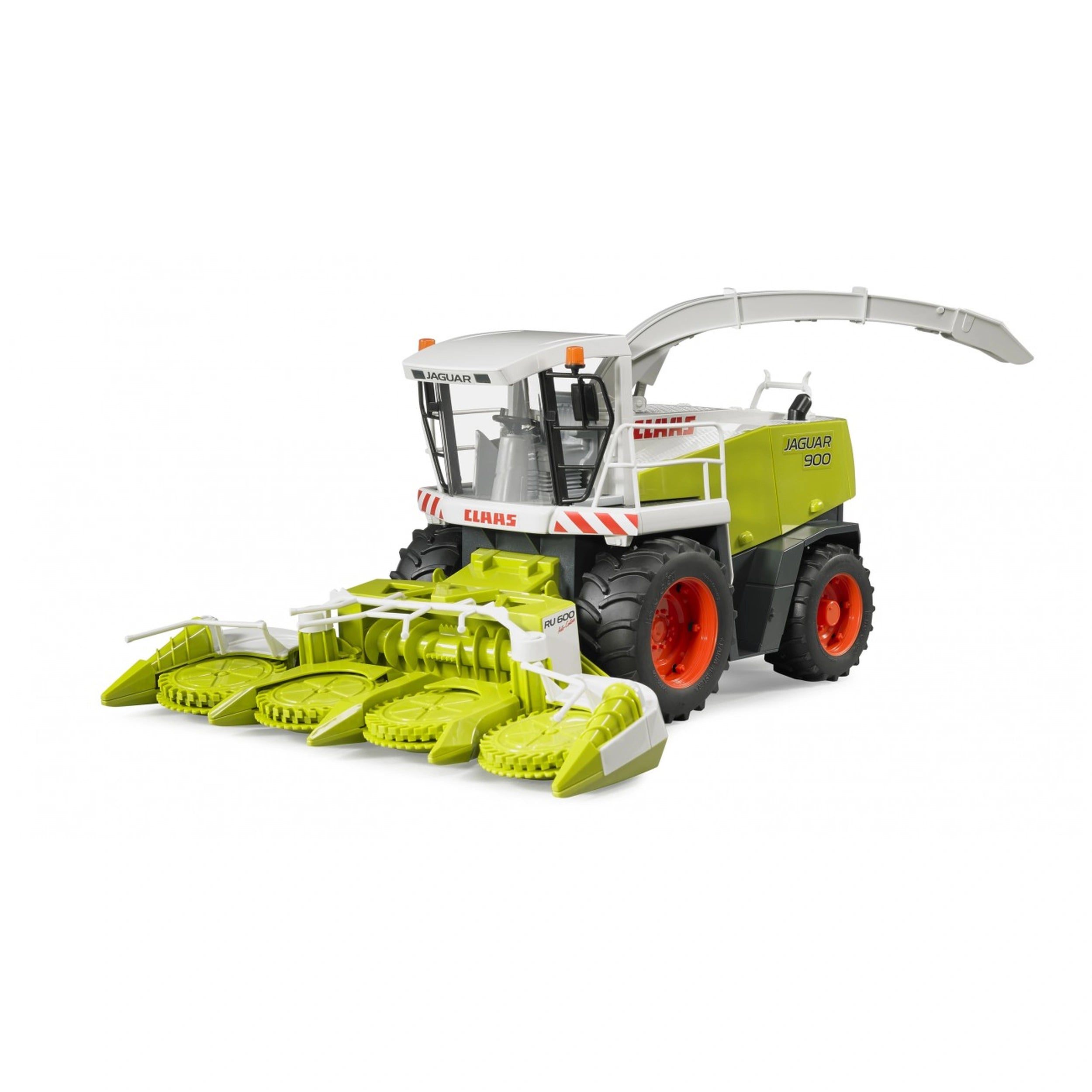 Bruder Claas Jaguar 900 Field Chopper toy, green and white with orange wheels, featuring a realistic corn header.