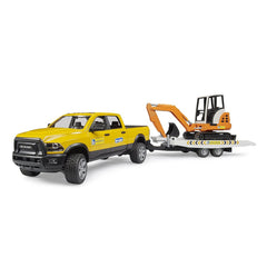 Yellow RAM truck with Bruder branding towing an orange mini excavator on a trailer, designed for imaginative play.