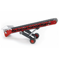 Red and black Bruder conveyor belt toy with crank and wheels, designed for imaginative play and motor skill development.