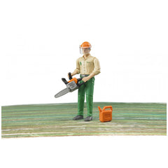 Forestry worker figure with chainsaw and gas can, wearing an orange helmet and green pants on a wooden backdrop.