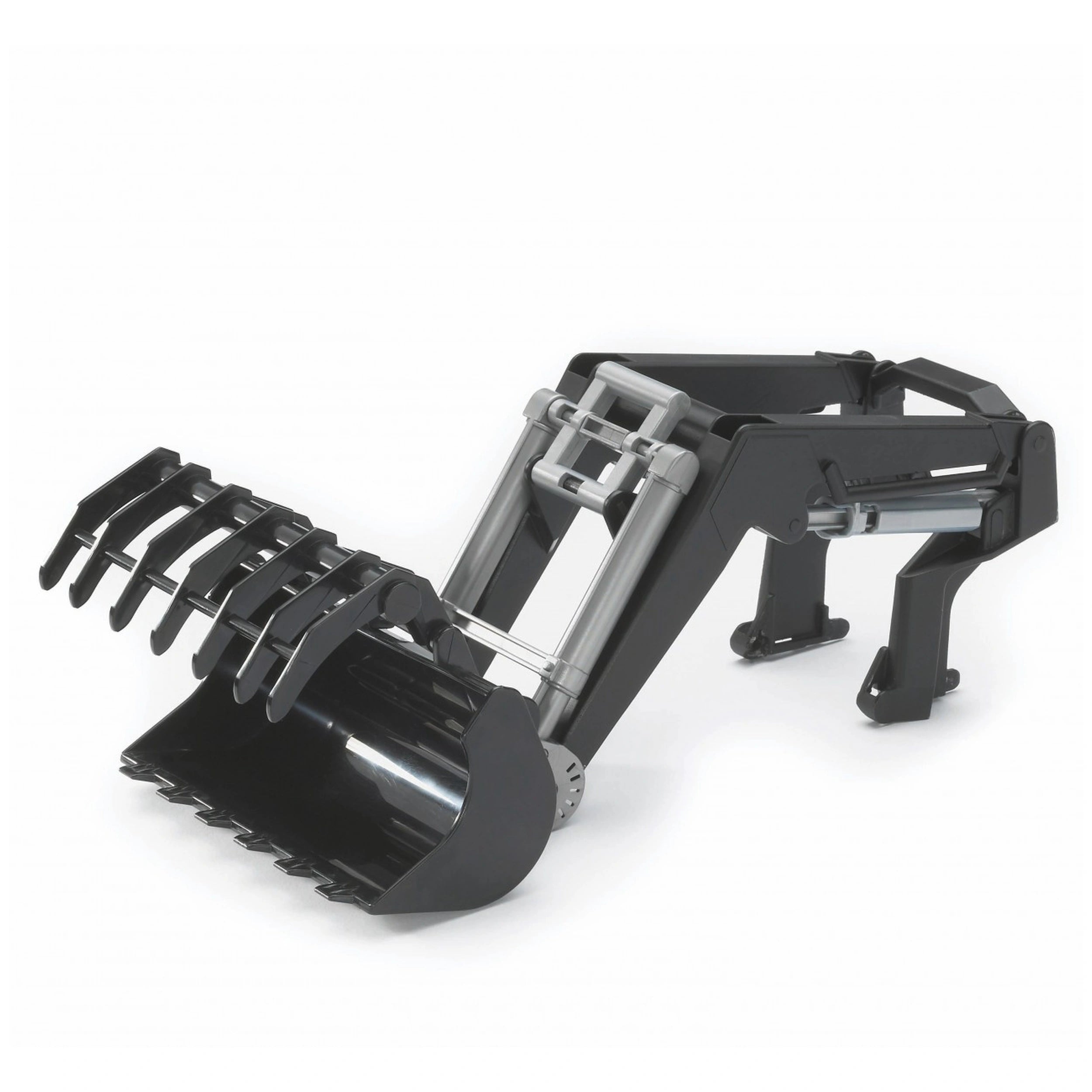 Bruder frontloader for tractors, black with detachable grabber, robust design for imaginative play.