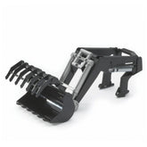 Bruder frontloader for tractors, black with detachable grabber, robust design for imaginative play.