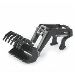 Bruder frontloader for tractors, black with detachable grabber, robust design for imaginative play.