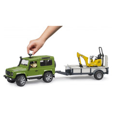 Green Land Rover with trailer, yellow JCB excavator, and a construction worker figure, showcasing realistic play features.