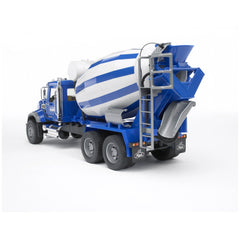 Blue and white Bruder Mack Granite Cement Mixer toy truck with lifelike details and chrome accents.