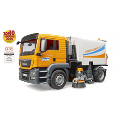 Bruder MAN TGS street sweeper toy, with orange cab, detailed brushes, and realistic features for imaginative play.