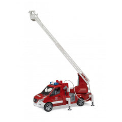 Red and white toy fire truck with an extended turntable ladder and blue light on top, based on Mercedes Benz Sprinter.