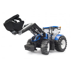 Blue and black toy tractor with slip-on front loader, modeled after New Holland T7.315, 1:16 scale.