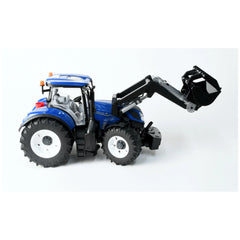 Blue Bruder New Holland T7 315 toy tractor with slip-on front loader, detailed wheels, and realistic design.