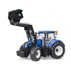 Blue New Holland T7 315 toy tractor with slip-on front loader, featuring detailed wheels and cabin, on a white background.